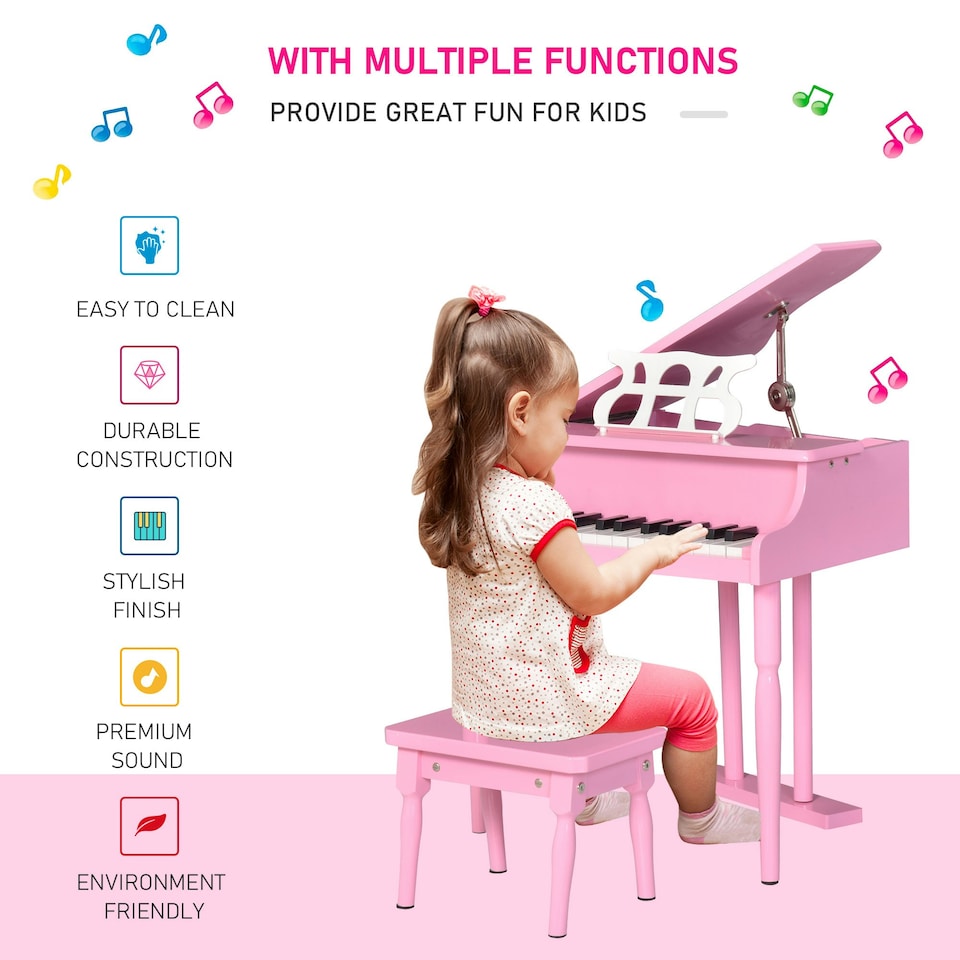 image 1 of HOMCOM 30 Keys Mini Kids Piano with Music Stand and Bench Best Gifts Toy