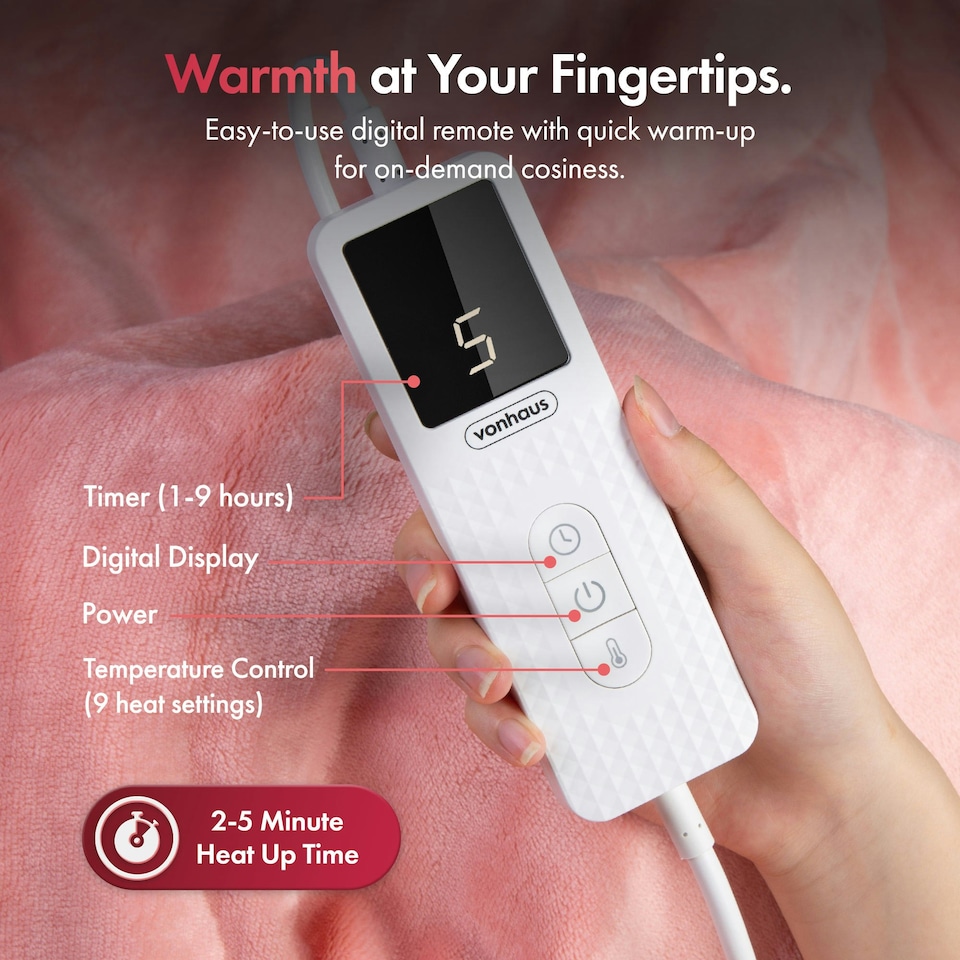 image 1 of VonHaus Heated Throw Blanket with Digital Control Pink