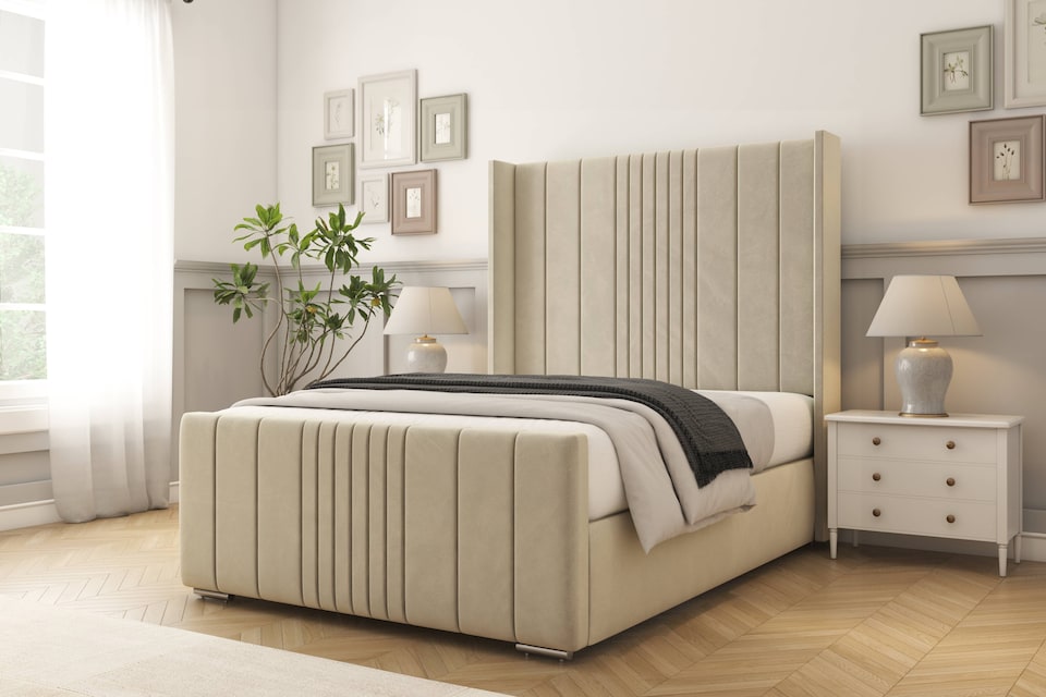 image 1 of Sloomy Hargrave Cream Plush Bed Frame With Mattress With 50"  Upholstered Wingback Headboard 4'6 Double