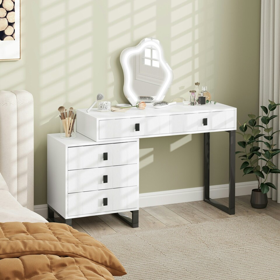 image 1 of HOMCOM Dressing Table with LED Leaf Shape Mirror and 5 Drawers, White White