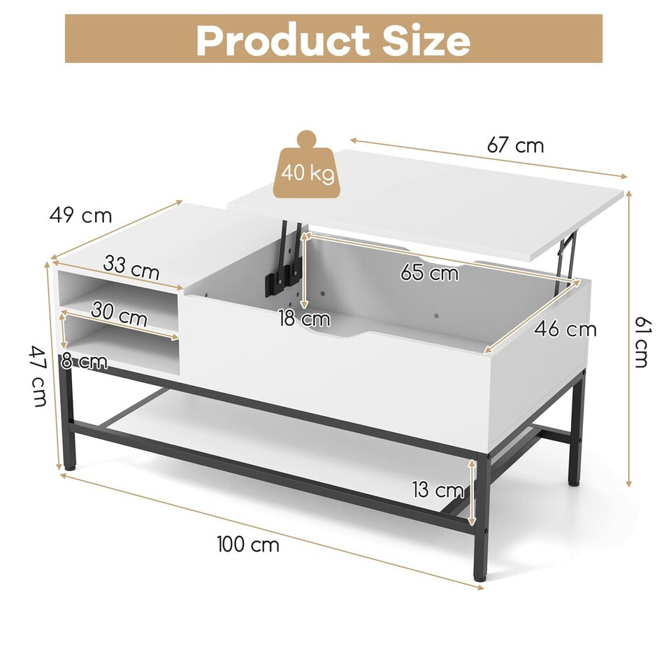 image 1 of COSTWAY Lift Top Coffee Table w/ Storage Shelf White White