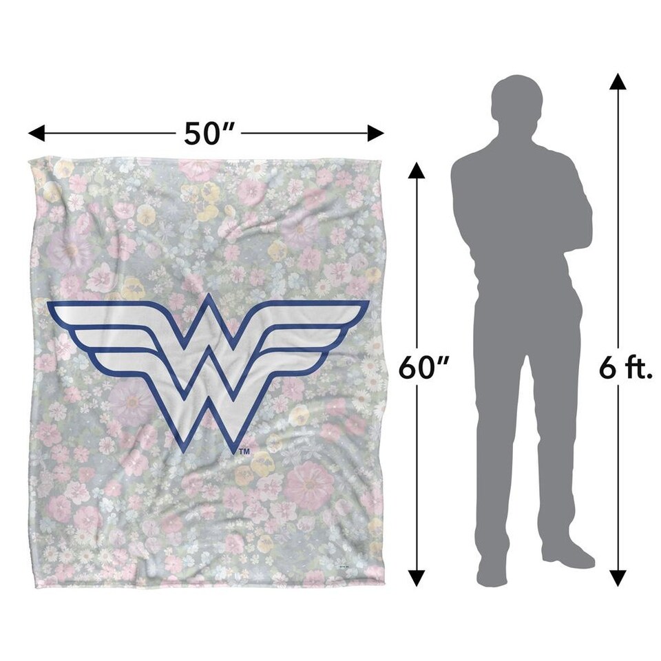 image 1 of Wonder Woman Silky Floral Logo Blanket | Grey | Grey/Multicoloured | One Size | 1