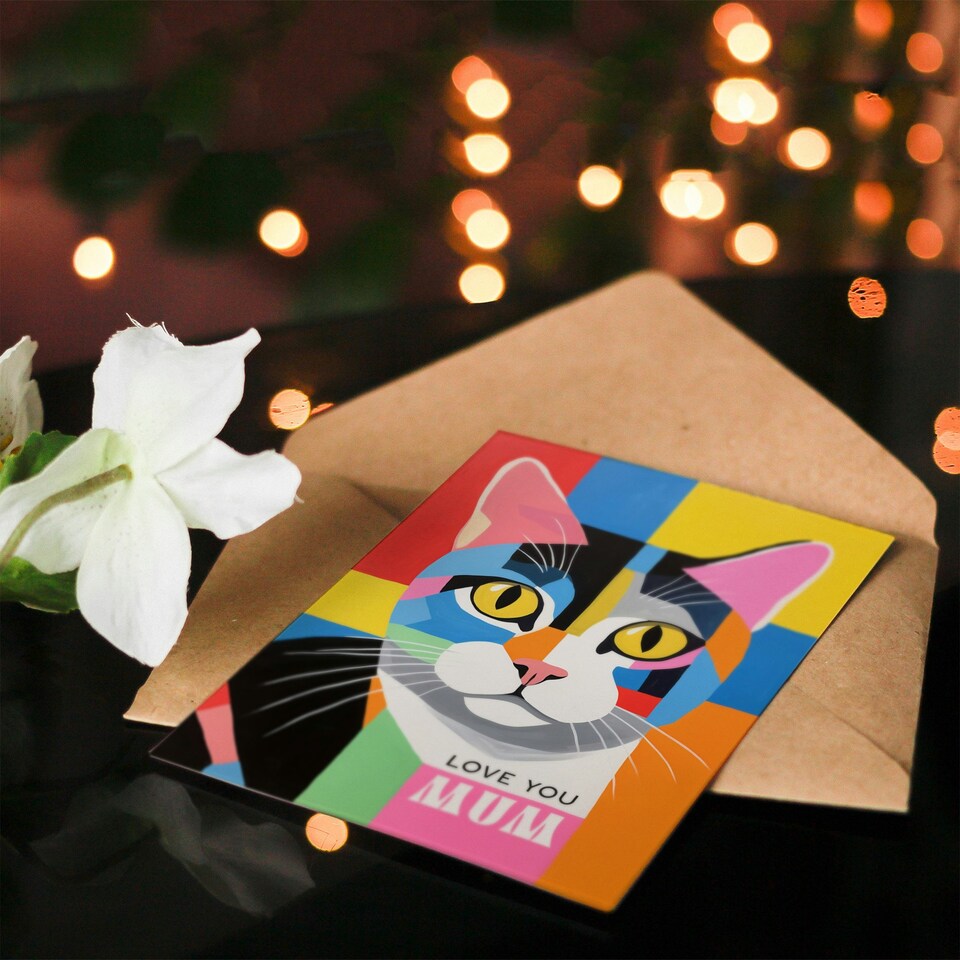 image 1 of Mothers Day Card Colourful Abstract Love You Mum Cat Card