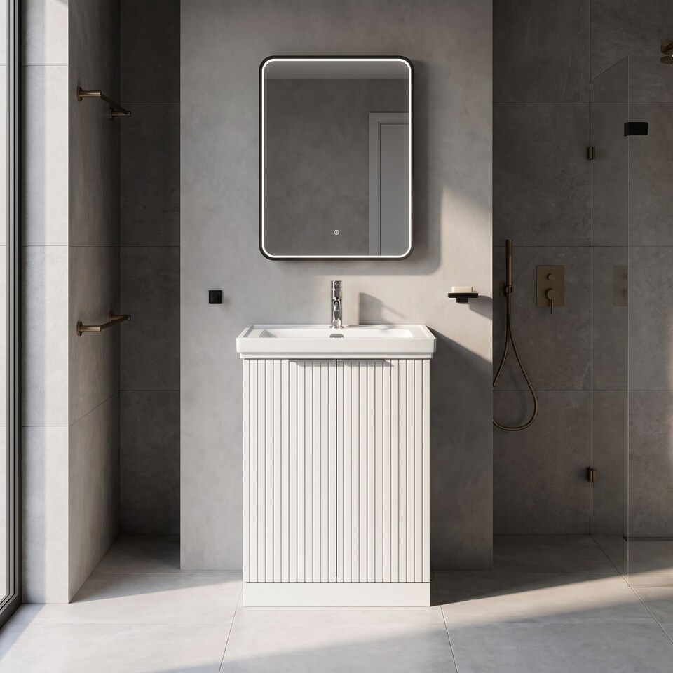 image 1 of Balterley Callingwood Contemporary Floor Standing 2 Door Vanity Unit with Traditional 1 Tap Hole Fireclay Basin , 600mm, Matt White