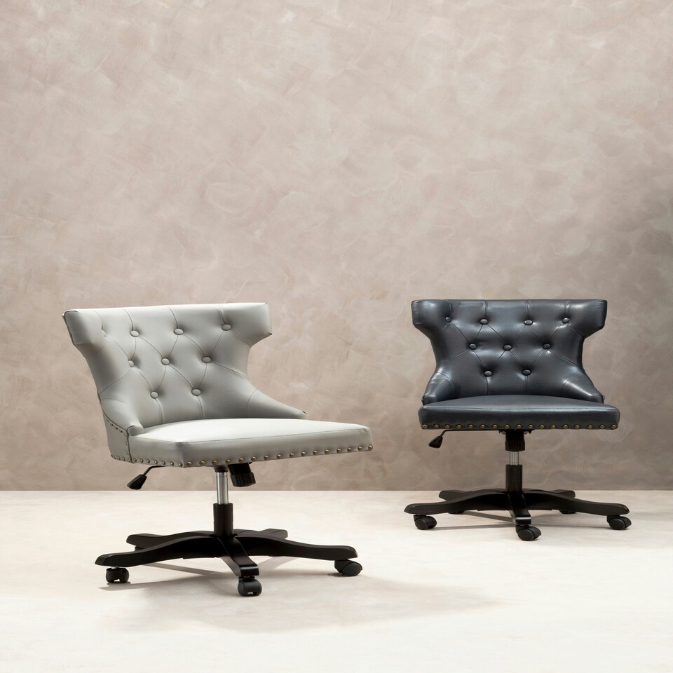 image 1 of Interiors by Premier Black Leather‑Effect Office Chair, Tufted Wingback Seat with Studded Trim, Height‑Adjustable Swivel Chair Black