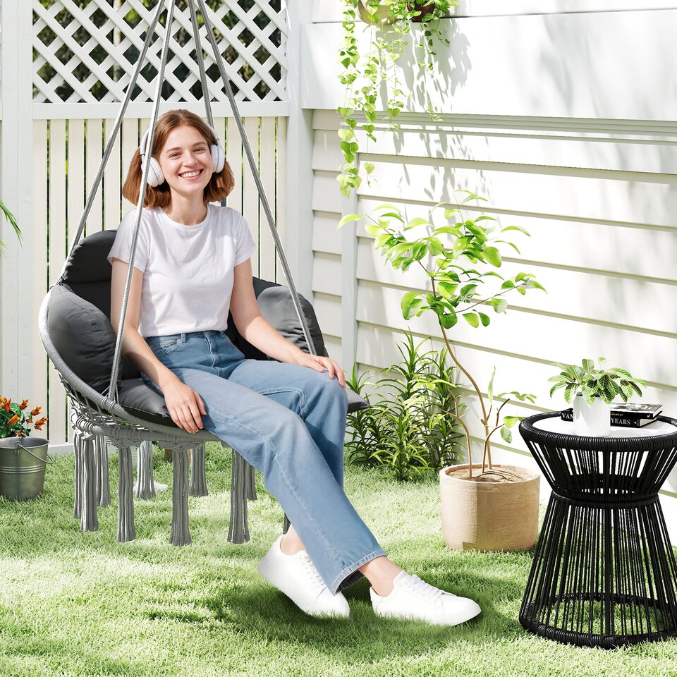 image 1 of Outsunny Hanging Chair Outdoor Hammock Chair with Soft Cushion, Cotton Rope Boho Style Swing Chair, Hanging Garden Swing Seat for Indoor Outdoor, Dark Grey | Grey | Dark Grey