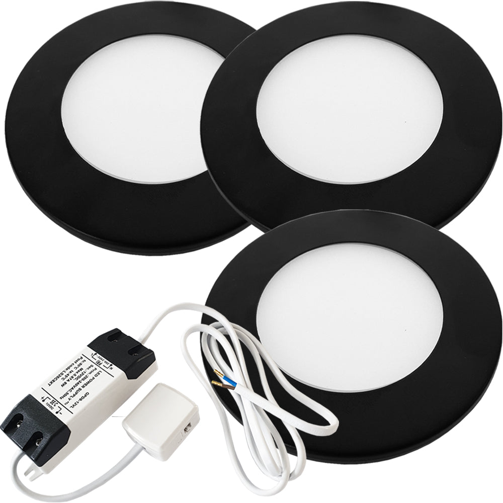 Loops 3x MATT BLACK Ultra-Slim Round Under Cabinet Kitchen Light & Driver Kit - Natural White Diffused LED