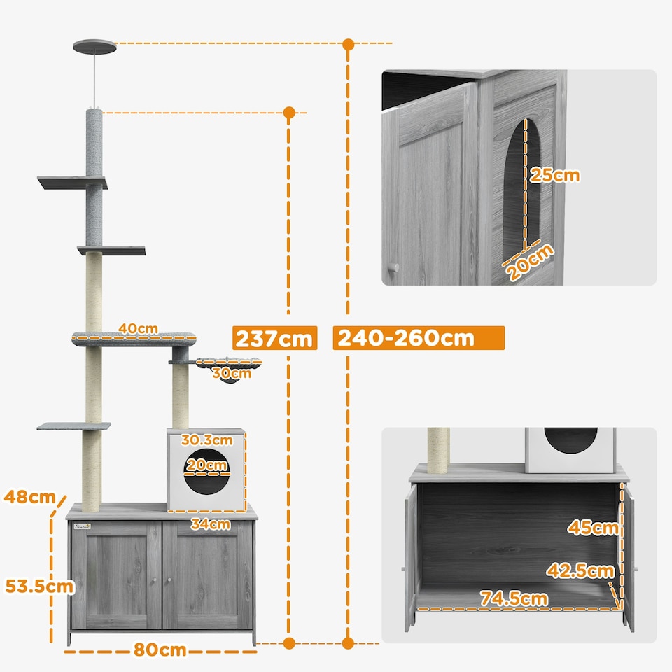 image 1 of PawHut 2-in-1 Hidden Litter Box with Floor-To-Ceiling Cat Tree, Indoor - Grey