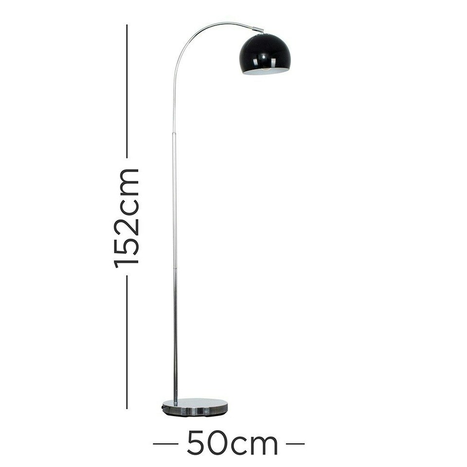 image 1 of ValueLights Polished Chrome Curved Stem Floor Lamp With Gloss Black Metal Dome Light Shade