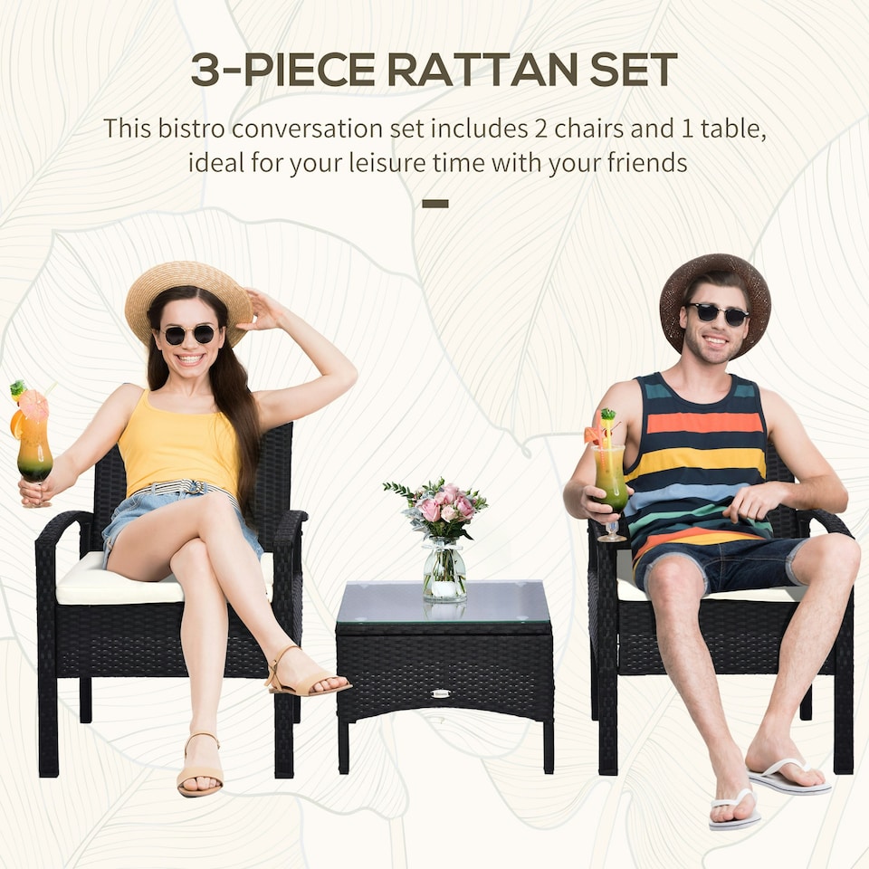 image 1 of Outsunny 3PC Garden Rattan Bistro Set with Glass Top Table, Black