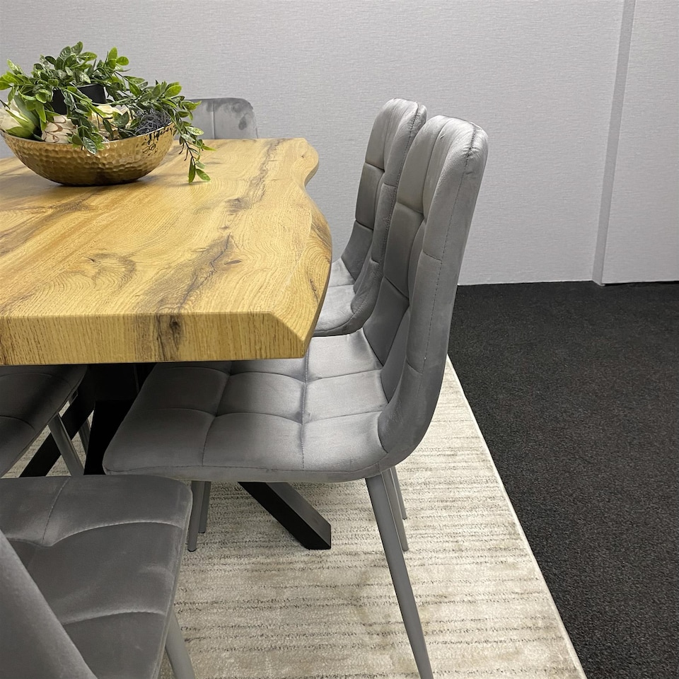 image 1 of Wooden Dining Table with 6 Grey Velvet Chairs, Stylish Dining Room Furniture