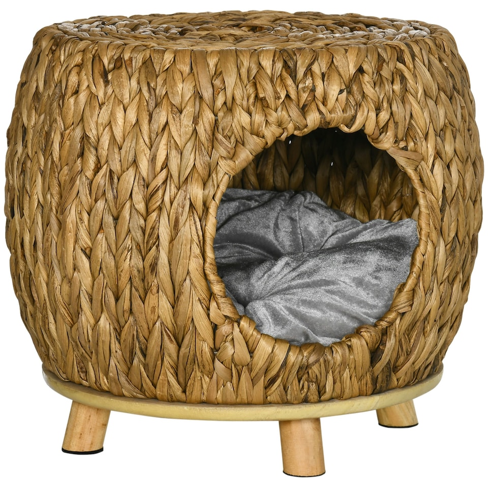 image 1 of PawHut Rattan Cat House Stool for Rest w/ Soft Cushion 44 x 43 x 41cm