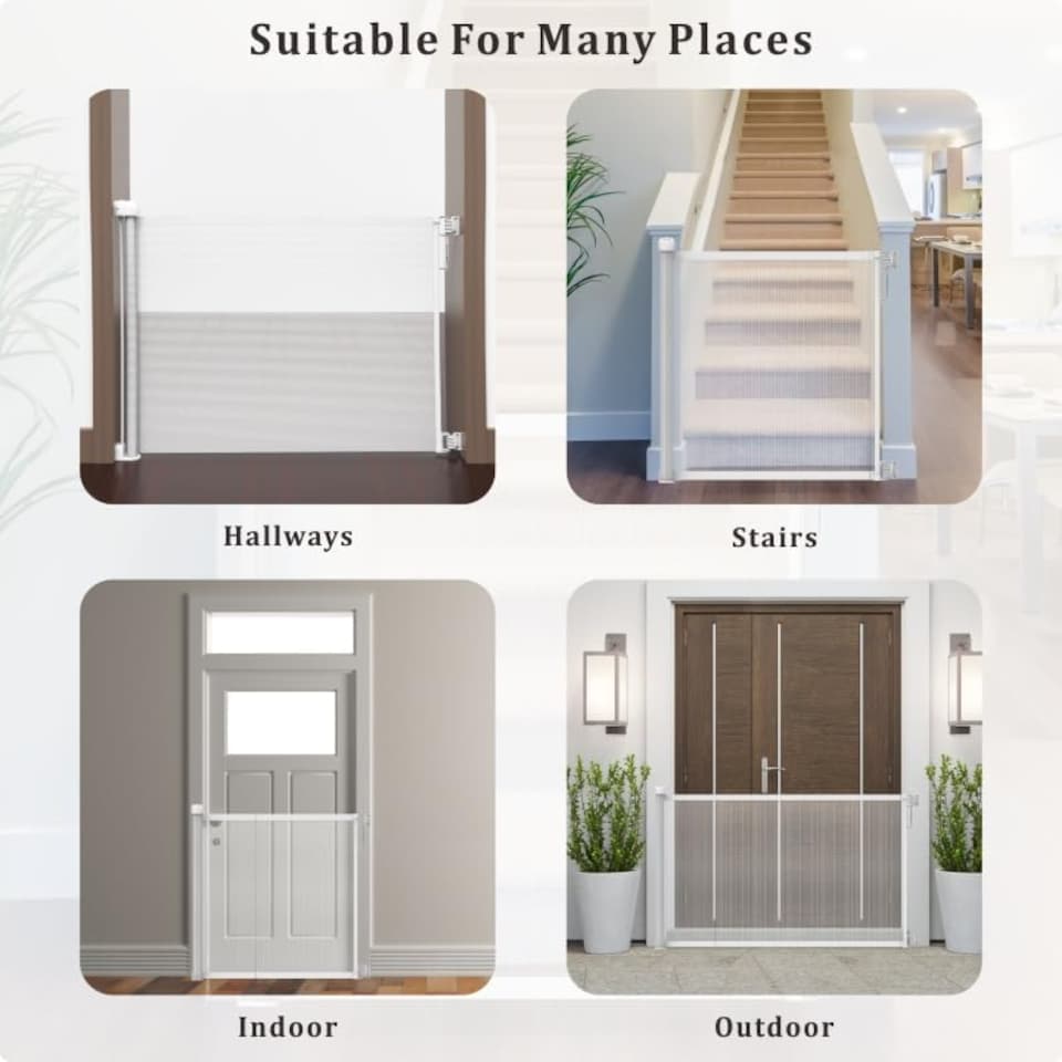 image 1 of S&D, Retractable Baby Gate 86cm x 140 cm Stair Safety Gate Roll for Babies and Pets, Extendable Barrier Gates (White)