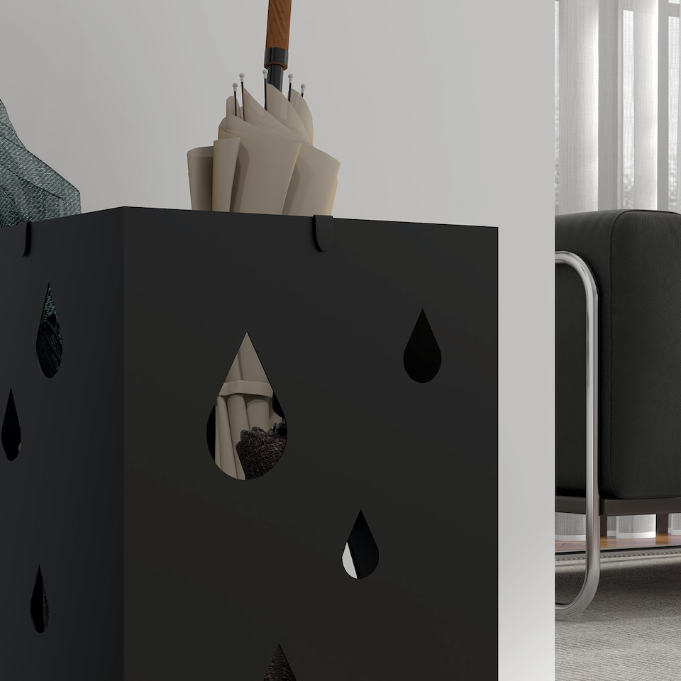 image 1 of HOMCOM Steel Umbrella Stand, Square Umbrella Holder with 4 Hooks and Removable Drip Tray, Hollowed Umbrella Basket for Hallway, Black