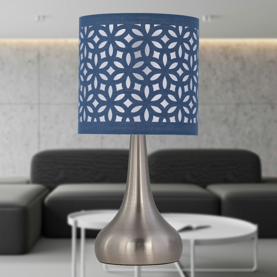 image 1 of Set of 2 Romana - Brushed Chrome Touch Operated Table Lamps Bedside Lights Navy Blue Laser Cut Shade Silver | Blue