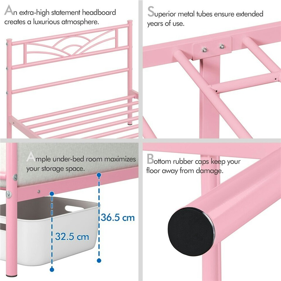 image 1 of Yaheetech Metal Platform Bed Frame with Cloud-inspired Design Headboard Pink, 3ft Single