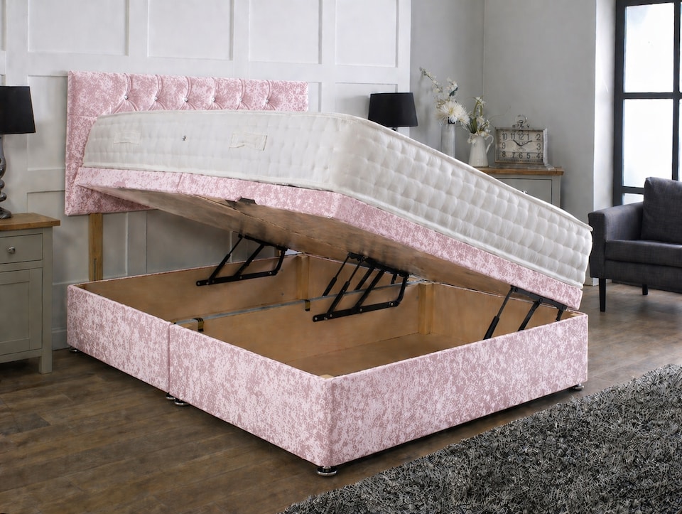 image 1 of Side Lift Crushed Velvet Pink Ottoman Bed Set 6ft Superking