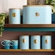 image 2 of Cooks Professional 5 Piece Ribbed Tea, Coffee, Sugar, Biscuit & Bread Cannisters with Bamboo Lids | Stainless Steel Kitchen Storage Bins | Blue & Gold
