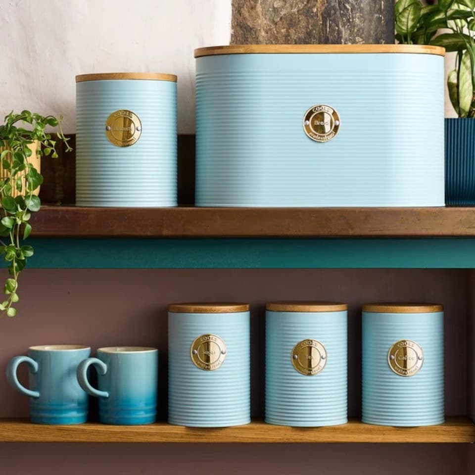 image 1 of Cooks Professional 5 Piece Ribbed Tea, Coffee, Sugar, Biscuit & Bread Cannisters with Bamboo Lids | Stainless Steel Kitchen Storage Bins | Blue & Gold