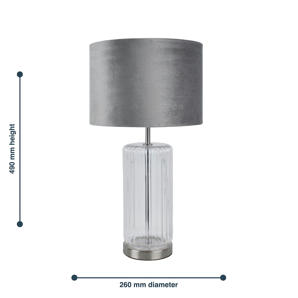 image 1 of First Choice Lighting Clear Fluted Glass Lamp with Grey Velvet Shade Chrome | Grey