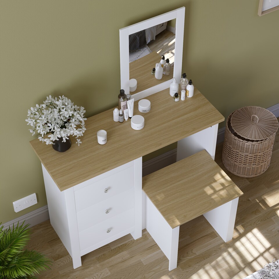 image 1 of Vida Designs Arlington 3 Drawer Dressing Table Mirror & Stool Set Vanity Makeup Desk, White & Oak