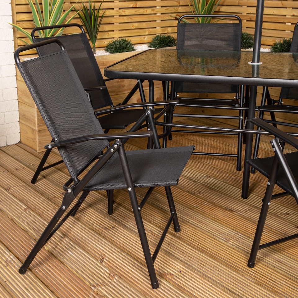 image 1 of Samuel Alexander Outdoor 6 Seater Glass Top Table and Chairs Patio Set with Parasol in Black