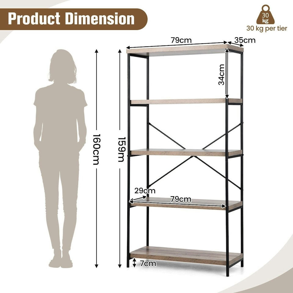 image 1 of COSTWAY 5-Tier Bookshelf Wood Bookcase Display Rack Grey Grey