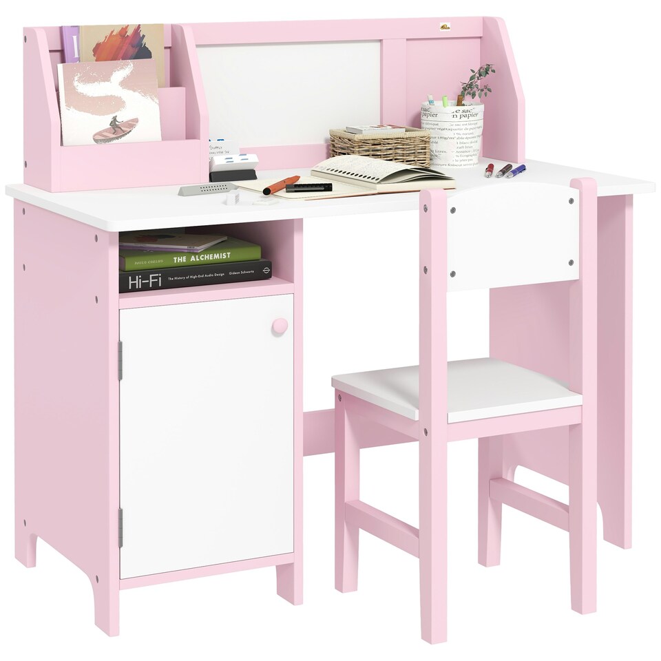 image 1 of HOMCOM 2 PCs Childrens Table and Chair Set w/ Whiteboard Storage - Pink 