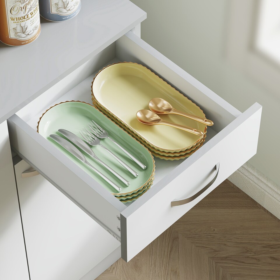 image 1 of HOMCOM 180cm Tall Kitchen Cupboard, Freestanding Kitchen Storage Cabinet with 6 Doors, Drawer, Adjustable Shelves and Open Countertop for Dining Room, White