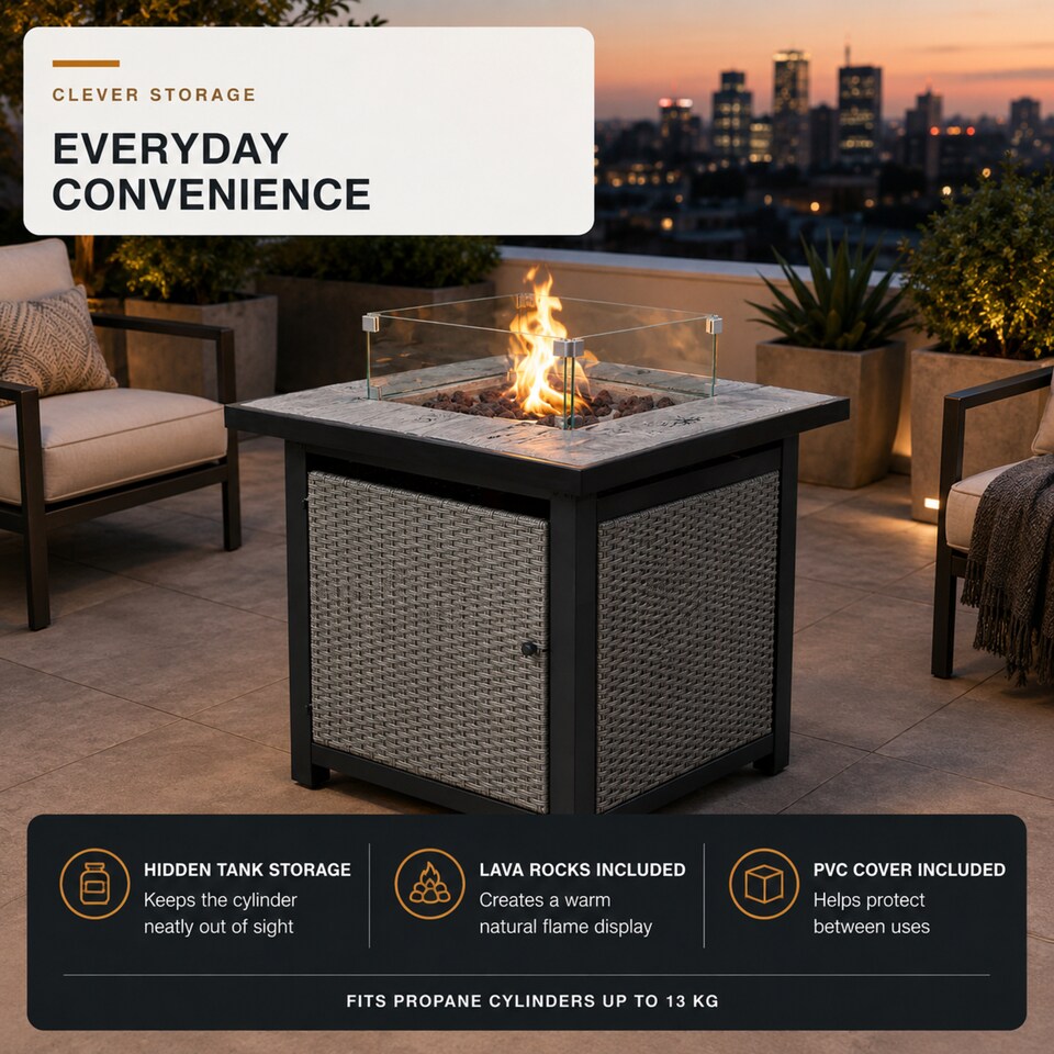 image 1 of Teamson 86cm Propane Gas Fire Pit Table with Rattan Base, 40,000 BTU