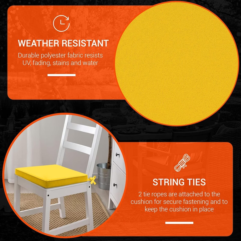 image 1 of Water Resistant Chair Cushions with Ties | Indoor & Outdoor Seat Pads | 44cm x 50cm | Yellow | (Pack of 1)