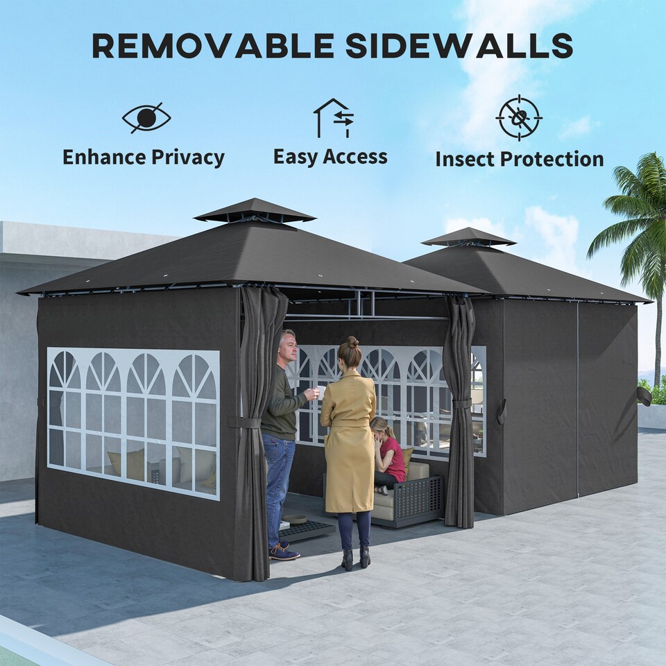 image 1 of Outsunny 3 x 3 m Garden Gazebo, Double Roof Metal Gazebo with Removable Sidewalls and Church Windows, Outdoor Canopy Shelter, Dark Grey