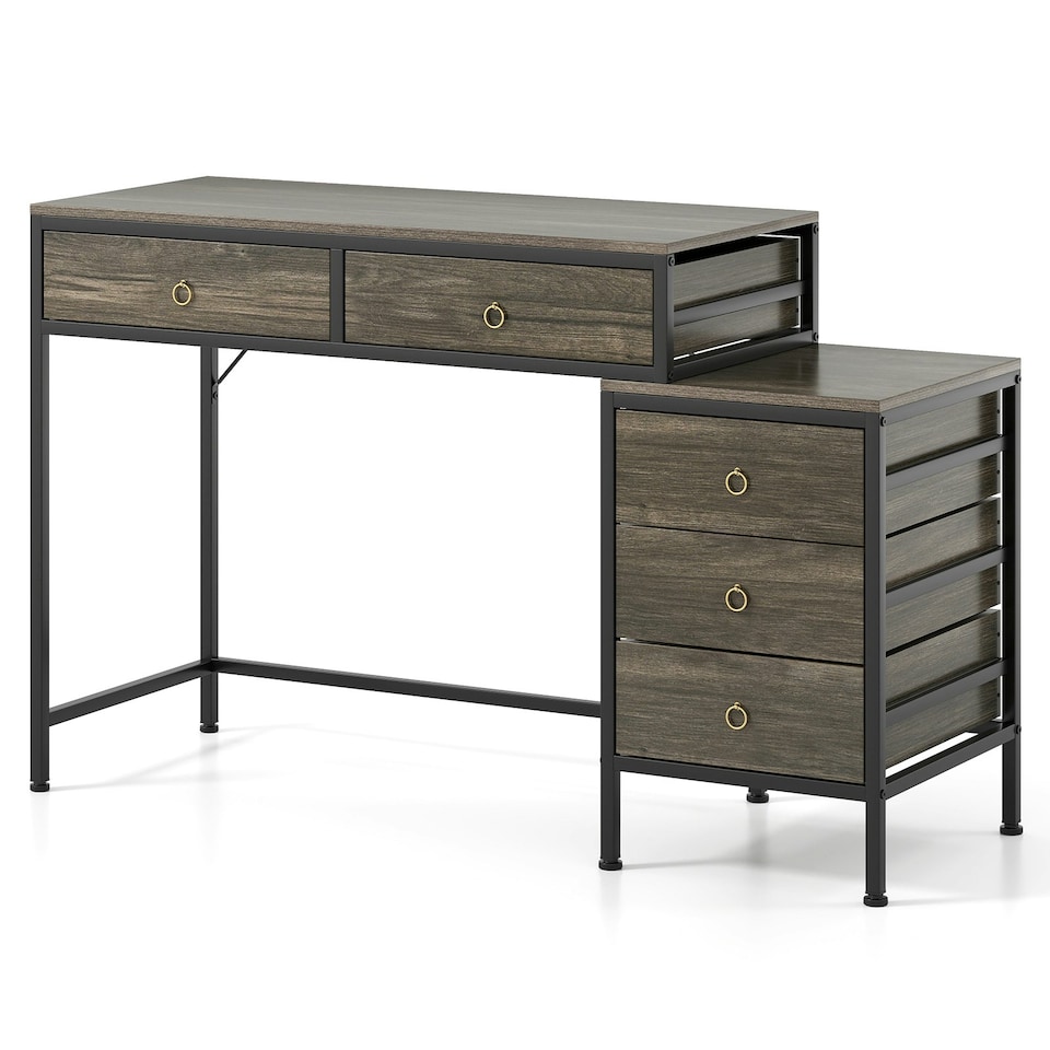 image 1 of COSTWAY Computer Desk with 5 Drawers and Side File Cabinet Grey Grey