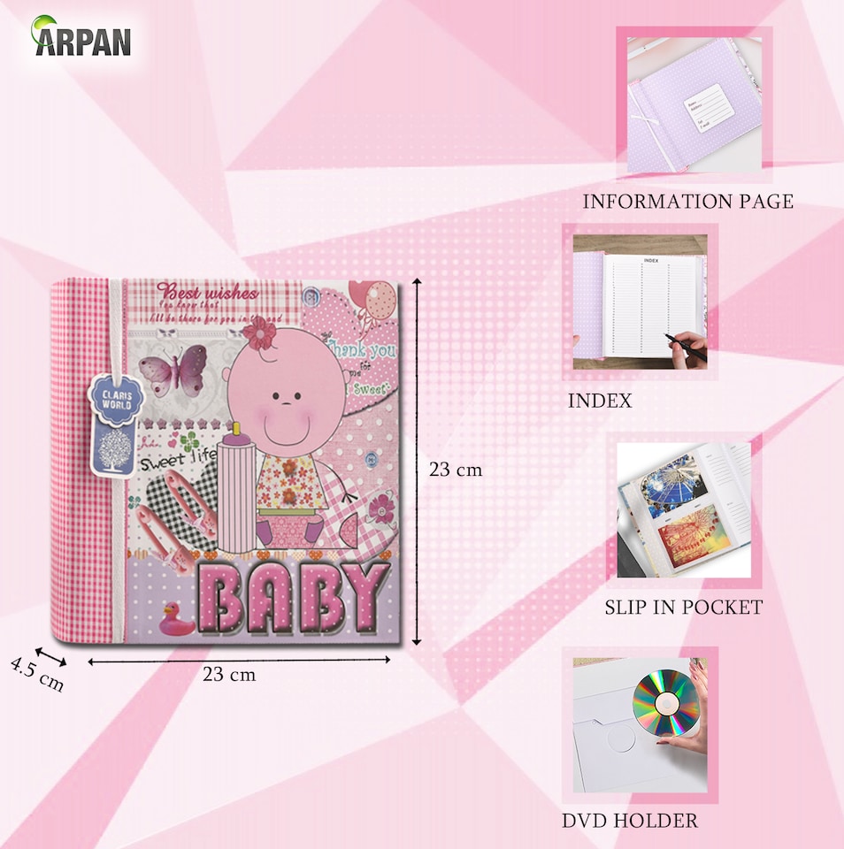 image 1 of ARPAN Baby Photo Album 6x4 for 200 Photos, Pink Baby Girl Memo Slip-In Album with Writing Space, Index Page & CD/DVD Pocket, First Year Memory Book & Milestone Keepsake