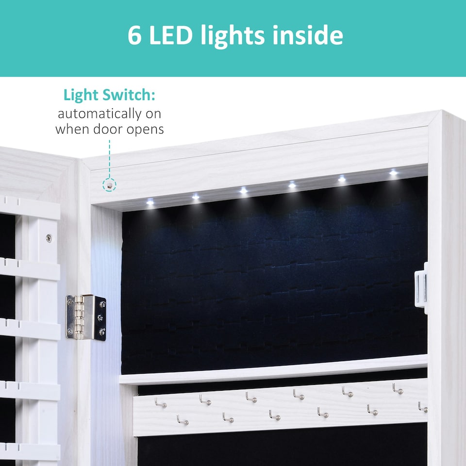 image 1 of HOMCOM Hanging Mirrored Jewel Storage Cabinet with Lock LED White
