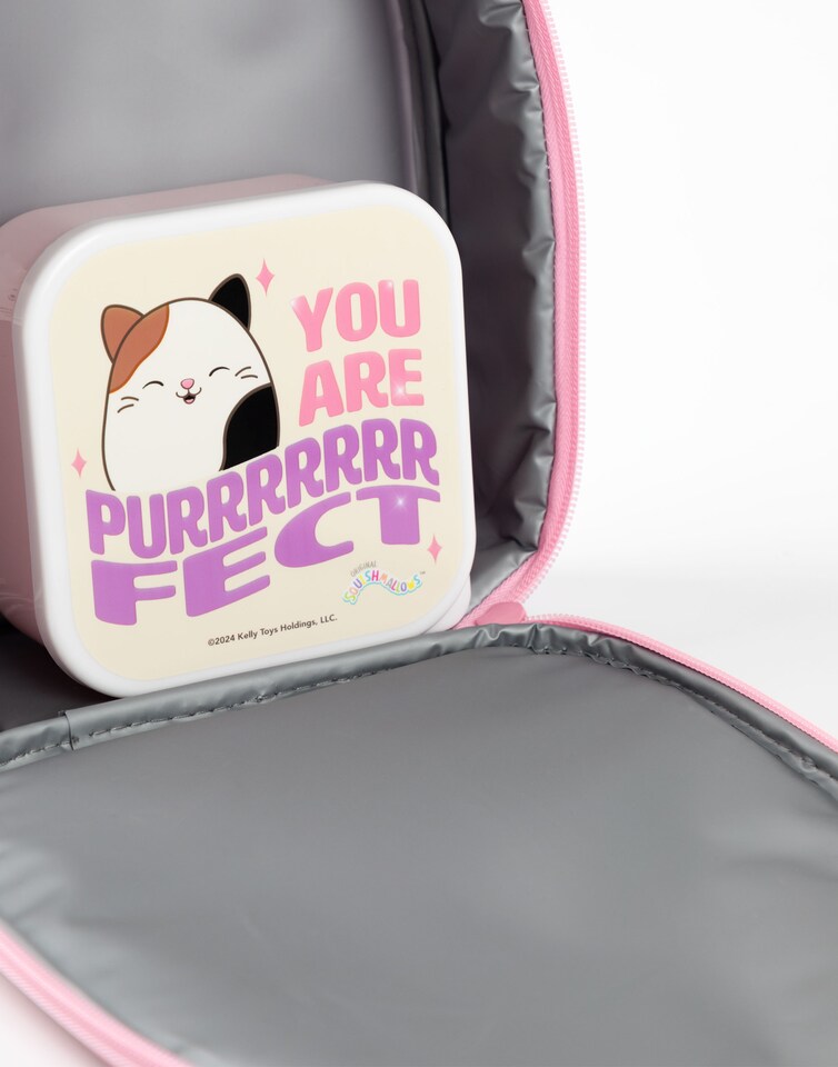 image 1 of Squishmallows Girls Lunch Bag Set | Kids 3 Piece Bundle with Fluffy Dinner Bag, Water Bottle & Snack Pot | Childrens Plush Cam the Cat Zip Bag with 3D Ears in Pink & Purple | Back to School Gifts