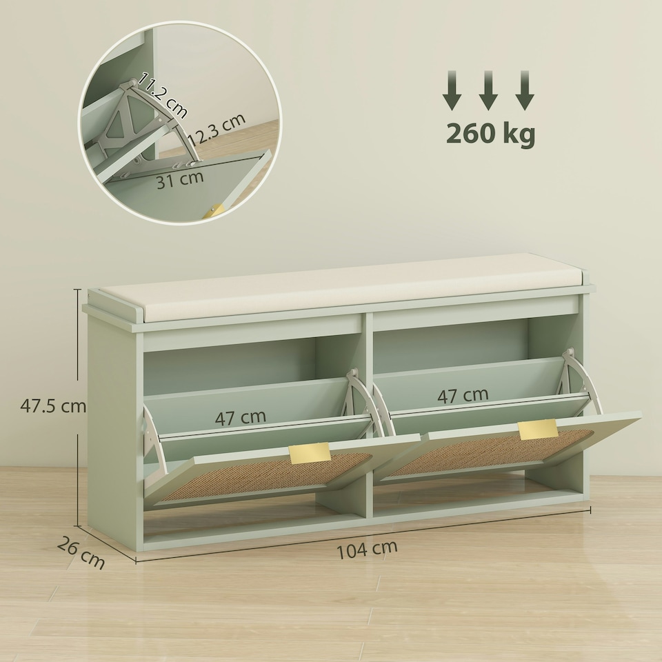 image 1 of HOMCOM Boho Shoe Bench with Padded Seat and 2 Flip-Drawers Green