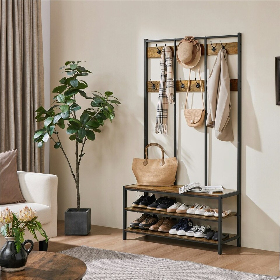 image 1 of Yaheetech Industrial Hallway Rack with Bench & Shoe Storage Brown | Rustic Brown | One Size