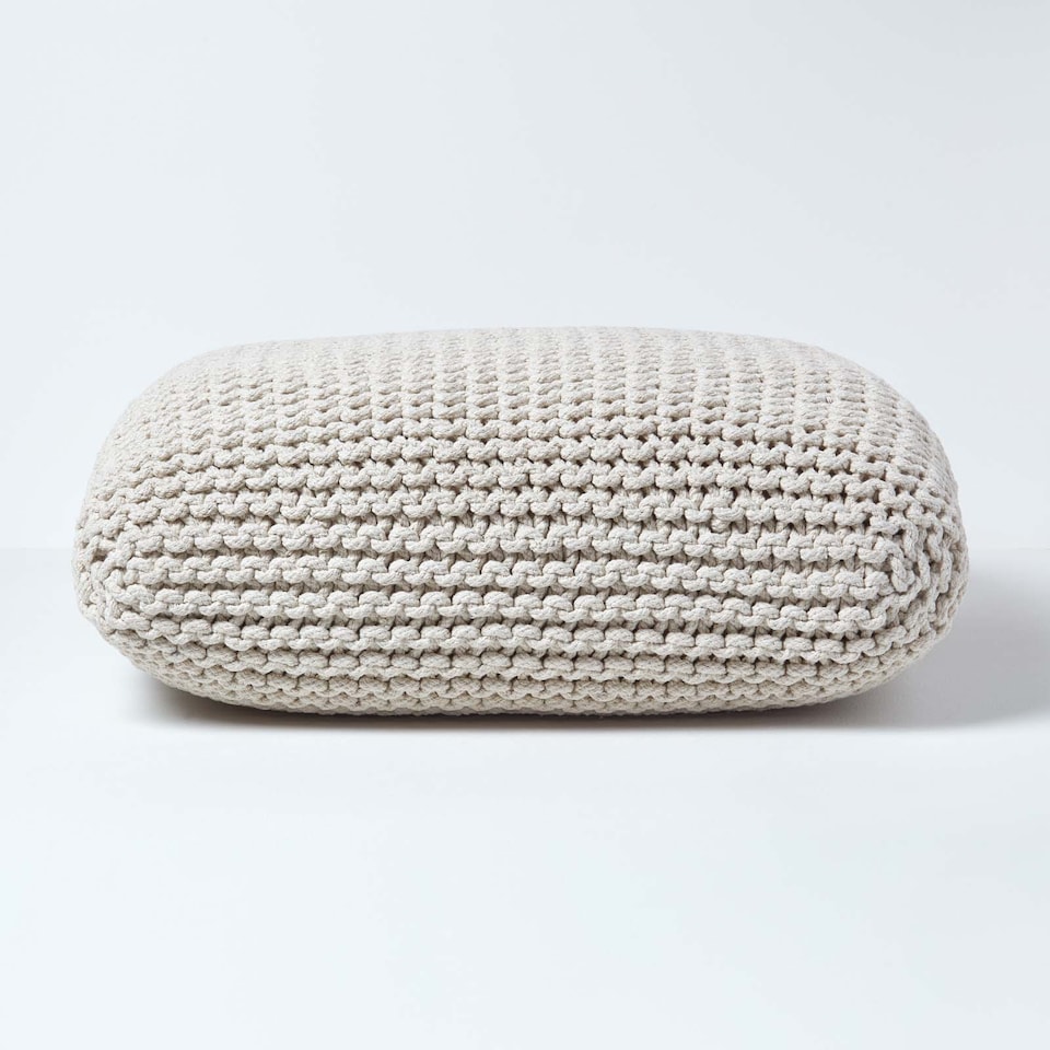 image 1 of Homescapes Natural Square Cotton Knitted Pouffe Floor Cushion | Cream | 70 x 20 cm
