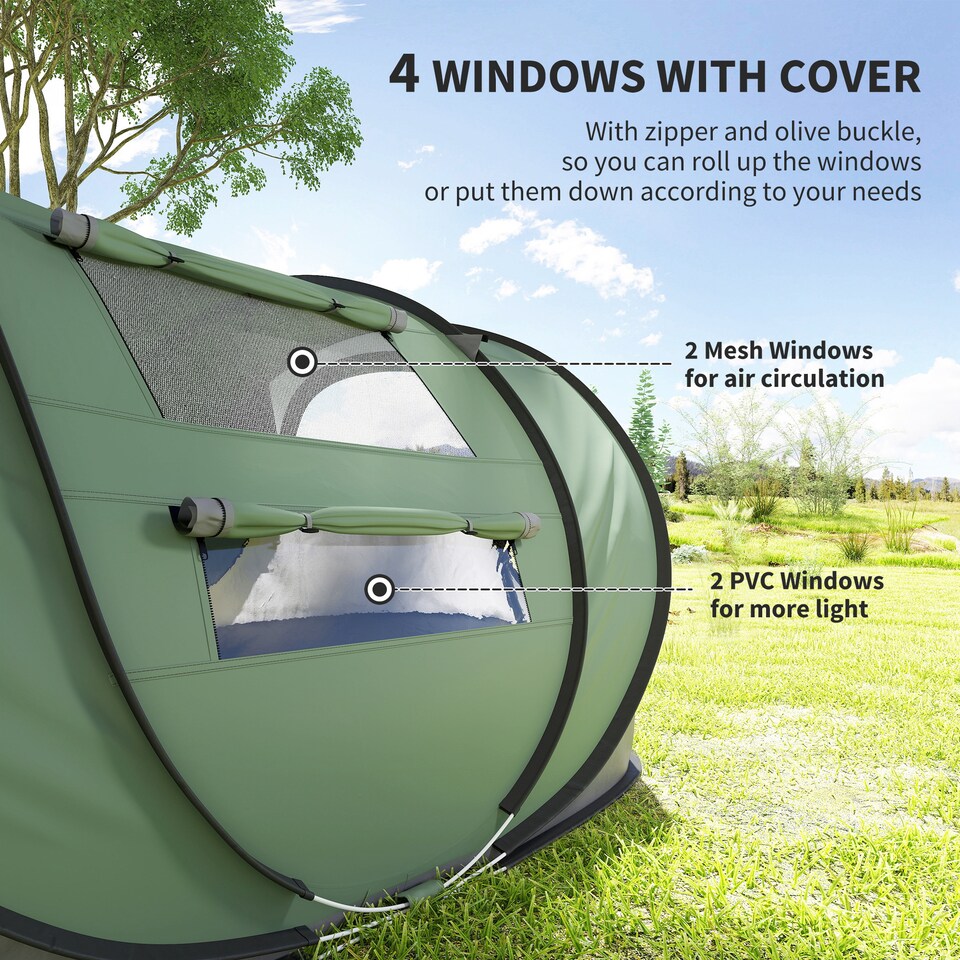 image 1 of Outsunny Camping Tent Dome Pop-up Tent with Windows for 3 Person Dark Green