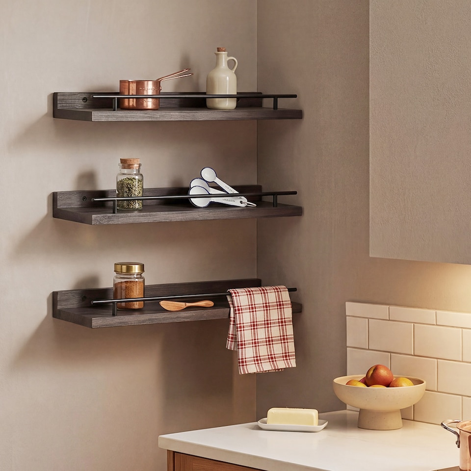 image 1 of Levede Floating Shelves Set of 3 Wooden Wall Mounted Shelves Storage Black