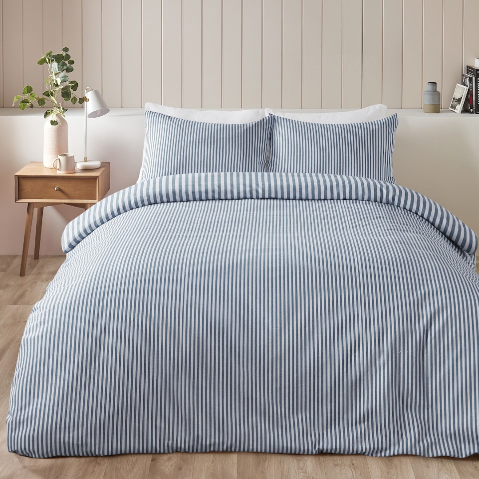 image 1 of Catherine Lansfield Brushed Stripe Cotton Reversible Duvet Cover Set