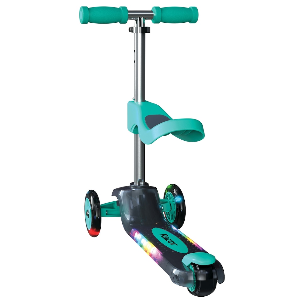 image 1 of Razor Rollie 3 Wheel Scooter for Younger Children Seated and Stand-Up Riding Options Light Up Wheels, For Ages 2.5-4, Adjustable handlebars, Kick Scooter Teal