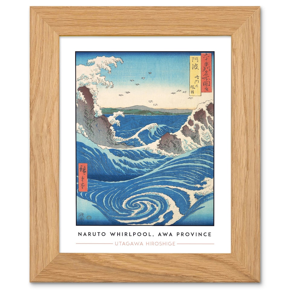 image 1 of Utagawa Hiroshige Naruto Whirlpool Awa Province Art Oak Wood Framed Wall Print | Blue