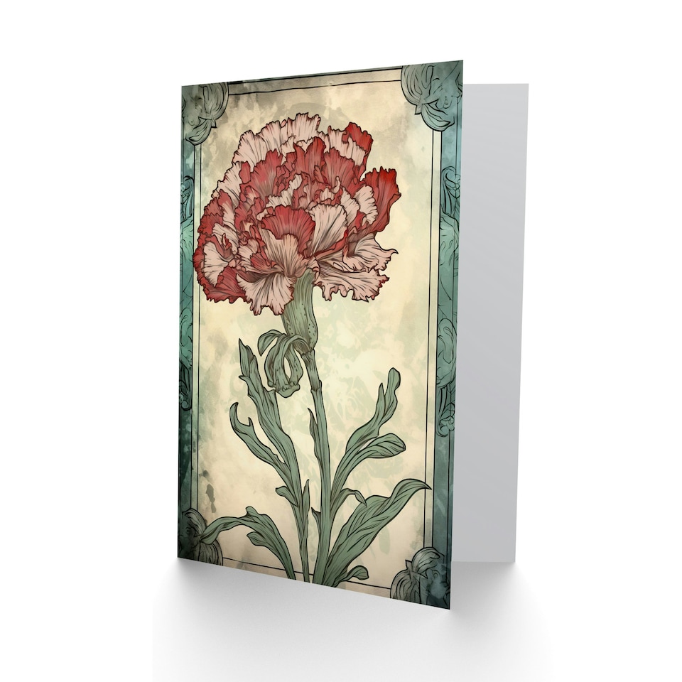 image 1 of Red Carnation Flower Art Nouveau Floral Birthday Card