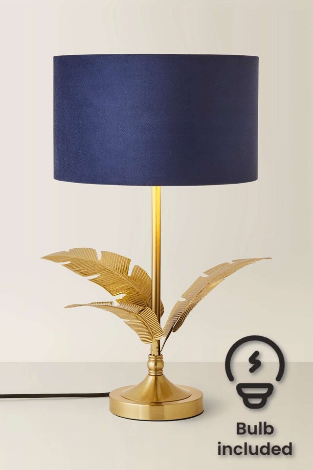 image 1 of ValueLights Christina Navy Velvet and Gold Inner Shade Gold Palm Leaf Table Lamp & Bulb | Gold