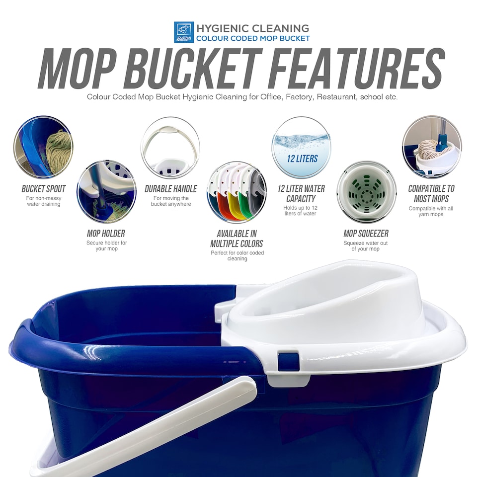 image 1 of Colour Coded Mop Bucket with Removable Wringer 12L Heavy Duty Plastic Cleaning Bucket for Home Kitchen and Catering