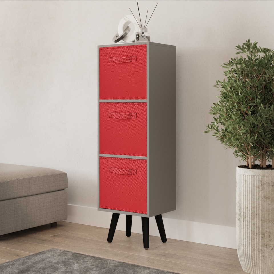 image 1 of Grey 3-Tier 3-Drawer Cube Shelving Unit with Scandinavian Legs | Red | Red & Black | 1