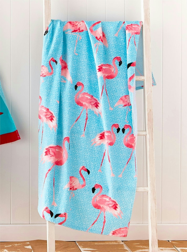 image 1 of Catherine Lansfield Flamingo Cotton Beach Towel | Blue | One size