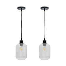 Set of 2 Batley - Clear Ribbed Glass with Black Pendant Fittings | Clear | Clear | 2